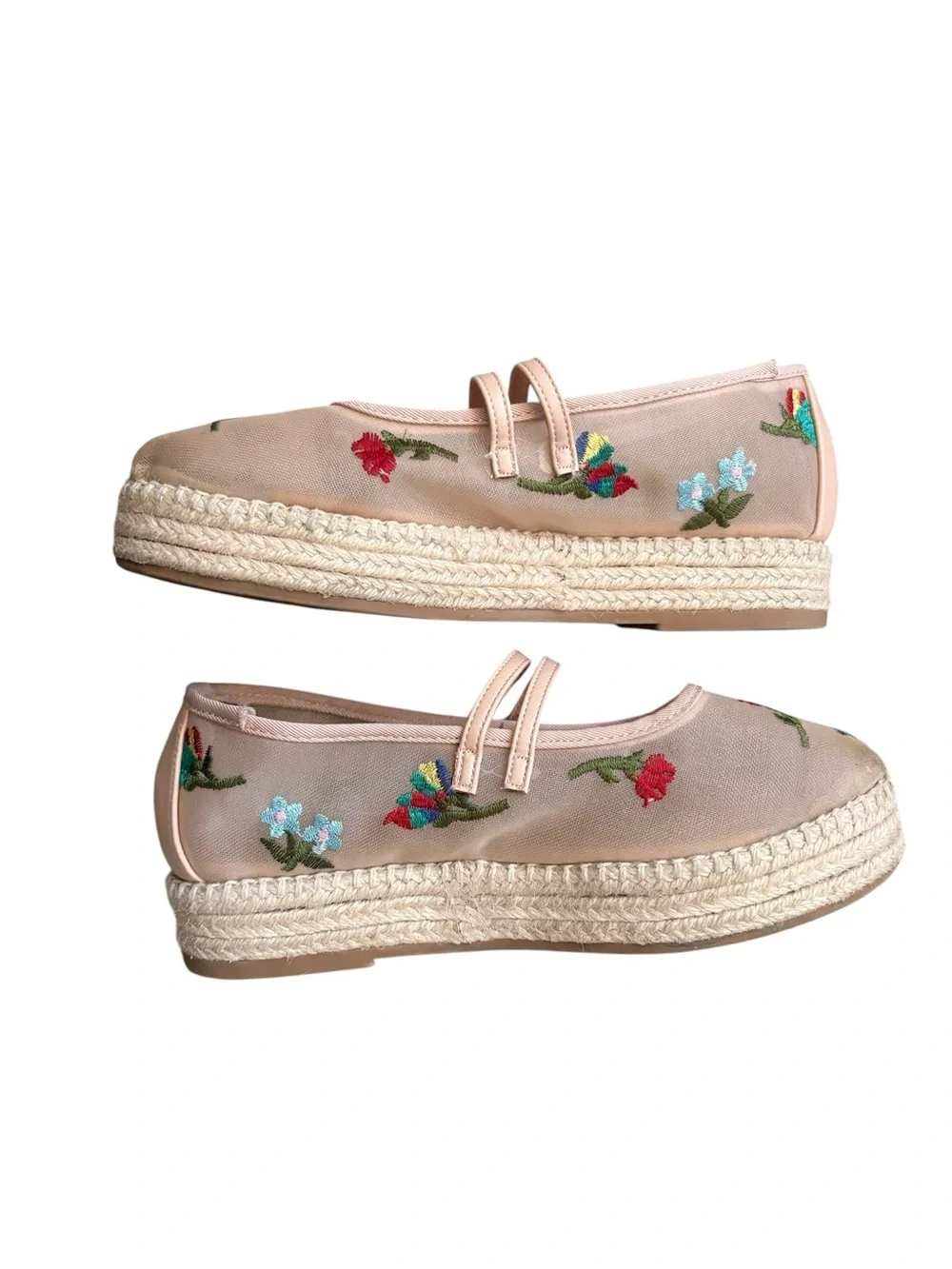 Bamboo Beige Embroidered Mary Jane Espadrille Flats size 5.5
